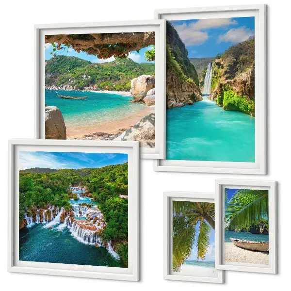 Set de 5 cuadros para salón de playas con cascadas tropicales