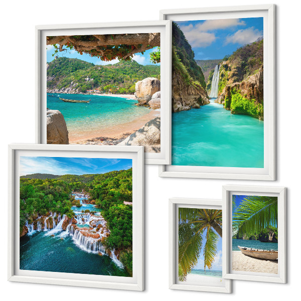 Set de 5 cuadros para salón playas con cascadas tropicales