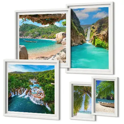 Set de 5 cuadros para salón de playas con cascadas tropicales