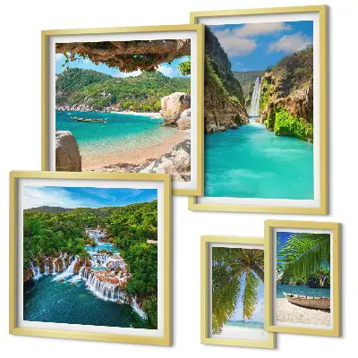 Set de 5 cuadros para salón de playas con cascadas tropicales