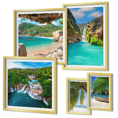 Set de 5 cuadros para salón playas con cascadas tropicales