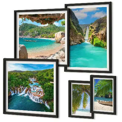 Set de 5 cuadros para salón de playas con cascadas tropicales