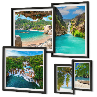Set de 5 cuadros para salón playas con cascadas tropicales