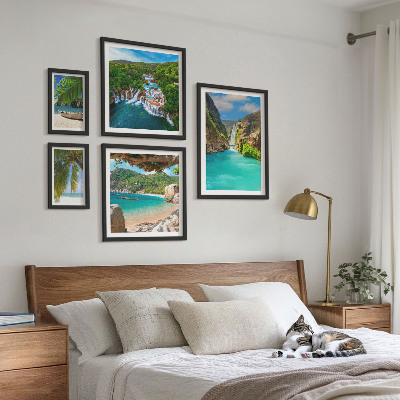 Set de 5 cuadros para salón playas con cascadas tropicales
