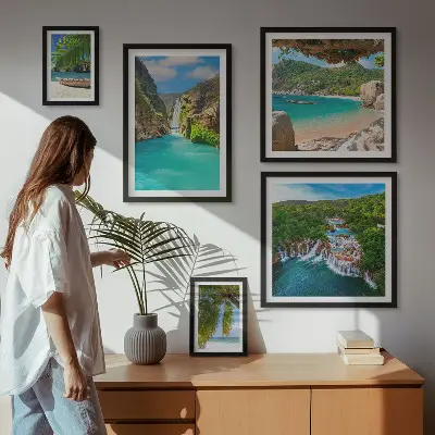 Set de 5 cuadros para salón de playas con cascadas tropicales