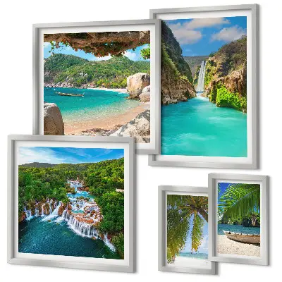 Set de 5 cuadros para salón de playas con cascadas tropicales