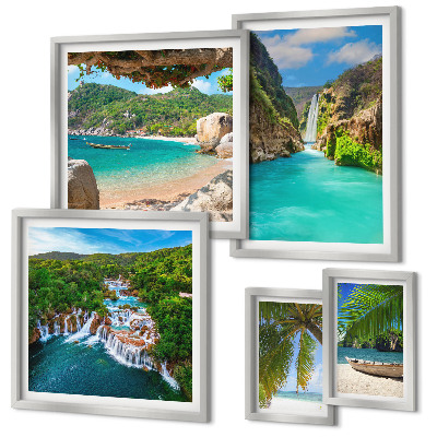 Set de 5 cuadros para salón playas con cascadas tropicales