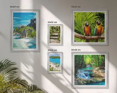 Conjunto de cuadros decorativos con diseño de paisajes tropicales, aves y cascadas