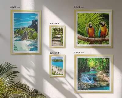 Conjunto de cuadros decorativos con diseño de paisajes tropicales, aves y cascadas