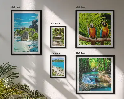 Conjunto de cuadros decorativos con diseño de paisajes tropicales, aves y cascadas