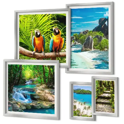 Conjunto de cuadros decorativos con diseño de paisajes tropicales, aves y cascadas