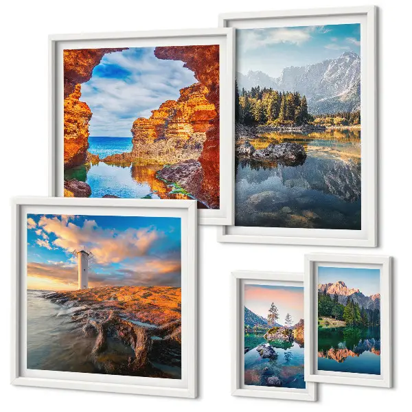 Set de 5 cuadros para salón con vistas naturales de montañas y agua