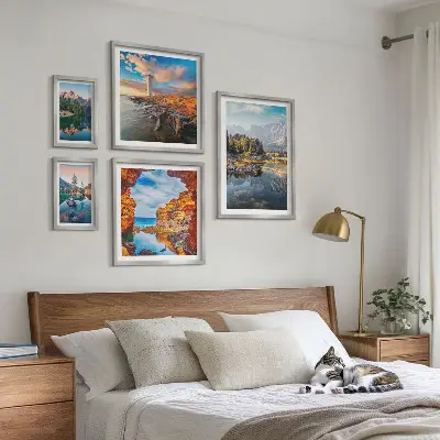 Set de 5 cuadros para salón con vistas naturales de montañas y agua