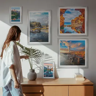 Set de 5 cuadros para salón con vistas naturales de montañas y agua