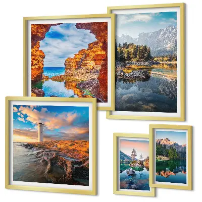 Set de 5 cuadros para salón con vistas naturales de montañas y agua