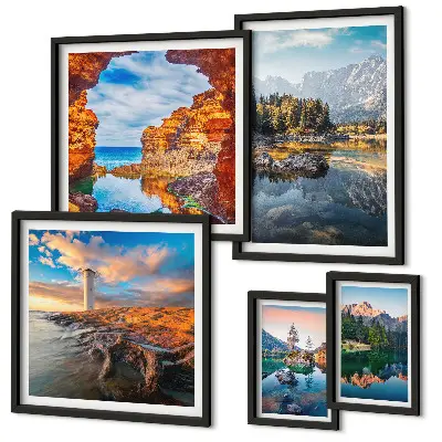 Set de 5 cuadros para salón con vistas naturales de montañas y agua