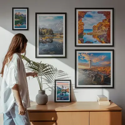 Set de 5 cuadros para salón con vistas naturales de montañas y agua