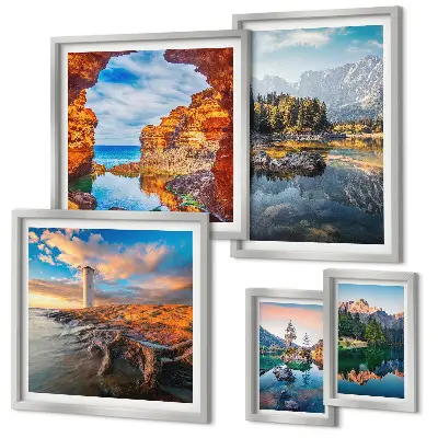 Set de 5 cuadros para salón con vistas naturales de montañas y agua