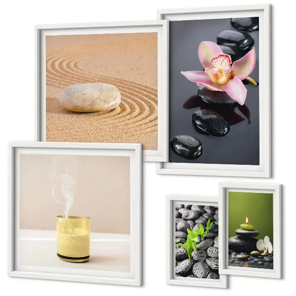Set de 5 cuadros para salón con diseño de piedras zen y orquídeas para la relajación