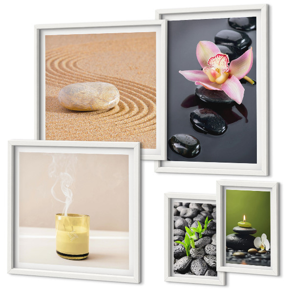 Set de 5 cuadros para salón Piedras zen para la relajación, orquídeas