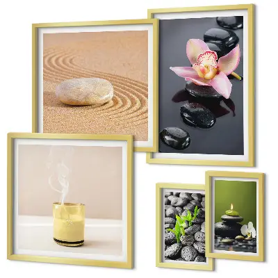 Set de 5 cuadros para salón con diseño de piedras zen y orquídeas para la relajación