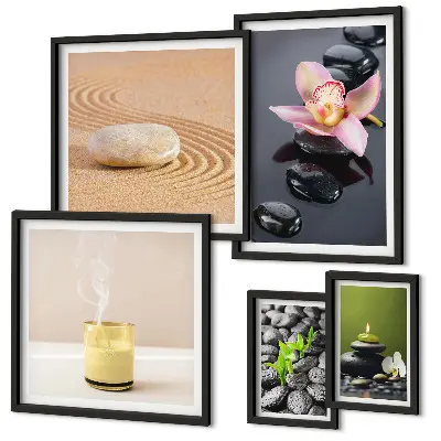 Set de 5 cuadros para salón con diseño de piedras zen y orquídeas para la relajación