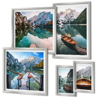 Pared galería de arte lagos tranquilos con barcos de madera