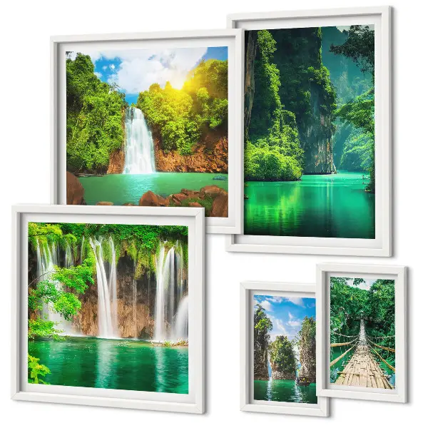 Set de 5 cuadros para salón con diseño de cascadas tropicales y naturaleza verde