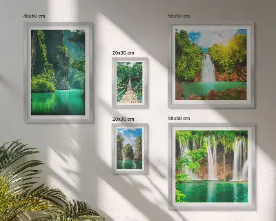 Set de 5 cuadros para salón con diseño de cascadas tropicales y naturaleza verde