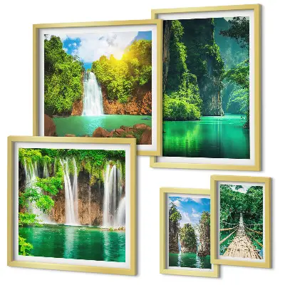 Set de 5 cuadros para salón con diseño de cascadas tropicales y naturaleza verde