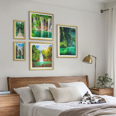 Set de 5 cuadros para salón Cascadas tropicales, naturaleza verde