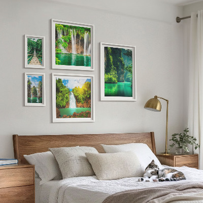 Set de 5 cuadros para salón Cascadas tropicales, naturaleza verde