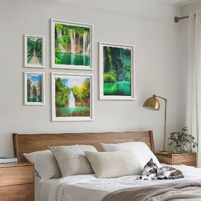 Set de 5 cuadros para salón con diseño de cascadas tropicales y naturaleza verde