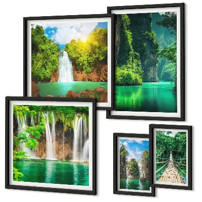 Set de 5 cuadros para salón con diseño de cascadas tropicales y naturaleza verde