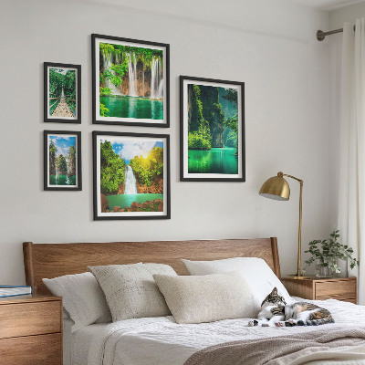 Set de 5 cuadros para salón Cascadas tropicales, naturaleza verde