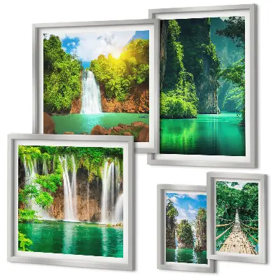 Set de 5 cuadros para salón con diseño de cascadas tropicales y naturaleza verde