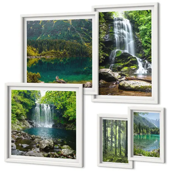 Conjunto de cuadros decorativos con paisajes de cascadas y naturaleza forestal