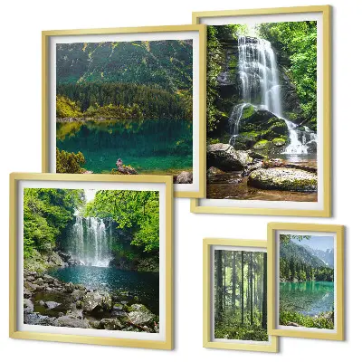Conjunto de cuadros decorativos con paisajes de cascadas y naturaleza forestal