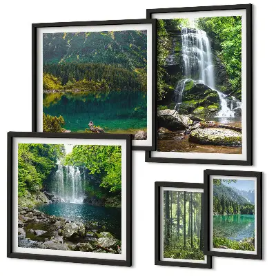 Conjunto de cuadros decorativos con paisajes de cascadas y naturaleza forestal
