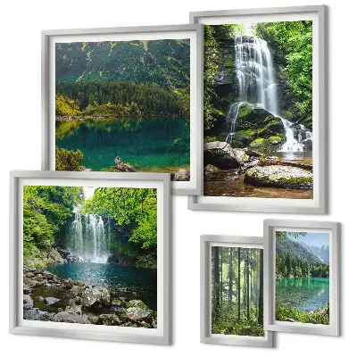 Conjunto de cuadros decorativos con paisajes de cascadas y naturaleza forestal