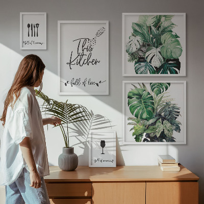 Pared galería de arte eslóganes positivos sobre plantas de cocina