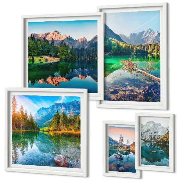 Conjunto de cuadros decorativos con paisajes de montaña, lagos y bosques