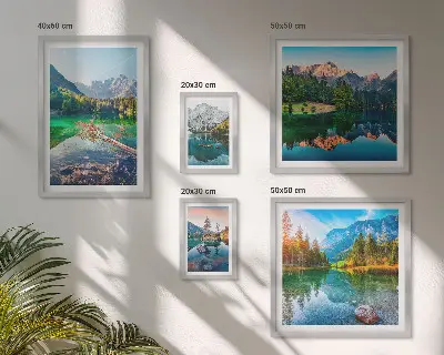 Conjunto de cuadros decorativos con paisajes de montaña, lagos y bosques