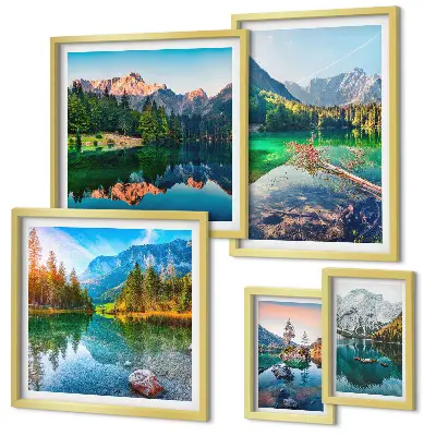 Conjunto de cuadros decorativos con paisajes de montaña, lagos y bosques