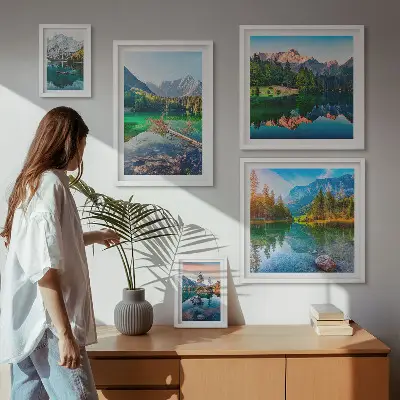 Conjunto de cuadros decorativos con paisajes de montaña, lagos y bosques