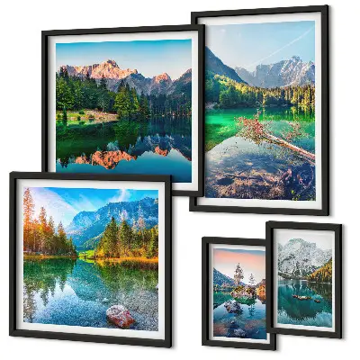 Conjunto de cuadros decorativos con paisajes de montaña, lagos y bosques