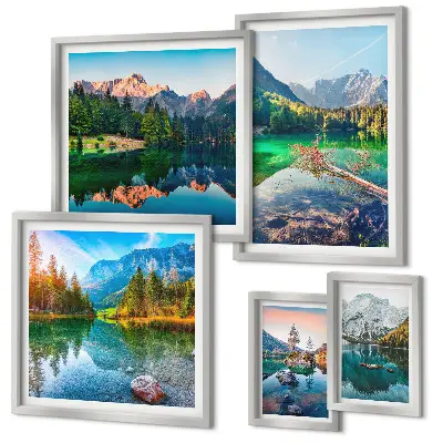 Conjunto de cuadros decorativos con paisajes de montaña, lagos y bosques