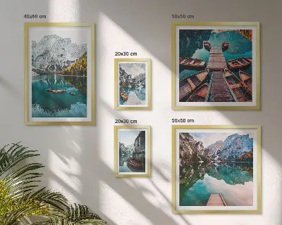Set de 5 cuadros para salón con diseño de lagos de montaña y barcos de madera