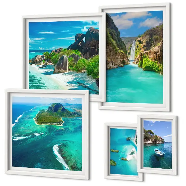Pared galería de arte con diseño de cascadas y playas tropicales