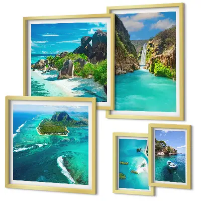 Pared galería de arte con diseño de cascadas y playas tropicales